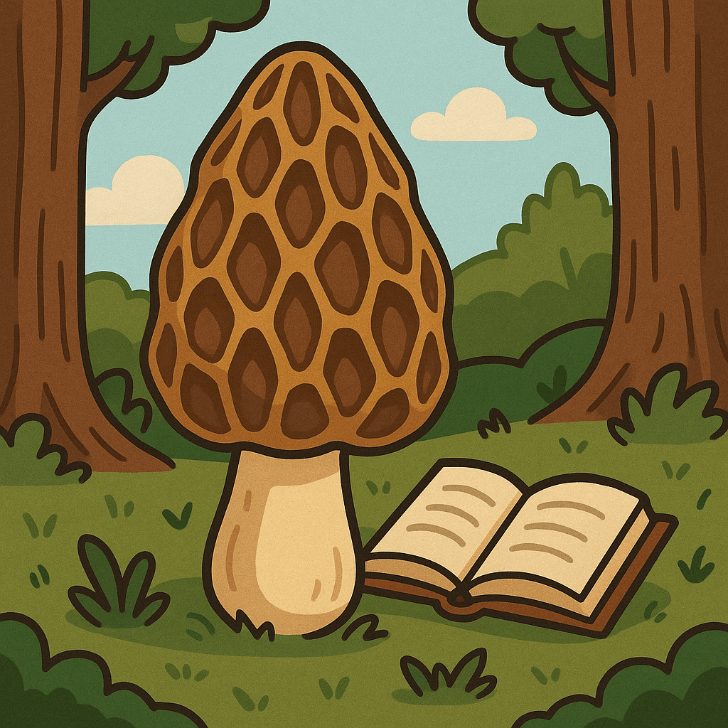 A morel mushroom with a storybook vibe, matching the morel/moral pun