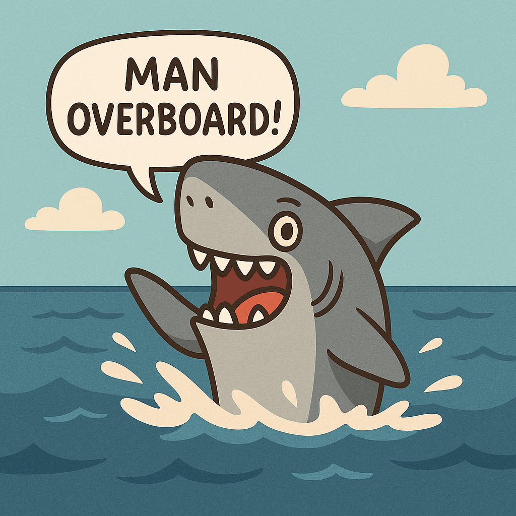 A cartoon shark excitedly shouting man overboard