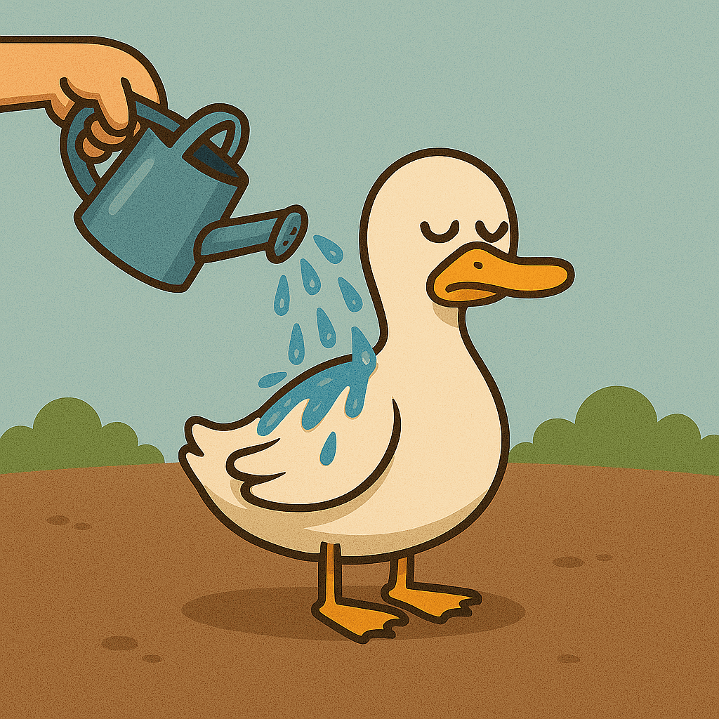 A relaxed duck with water droplets rolling off its feathers