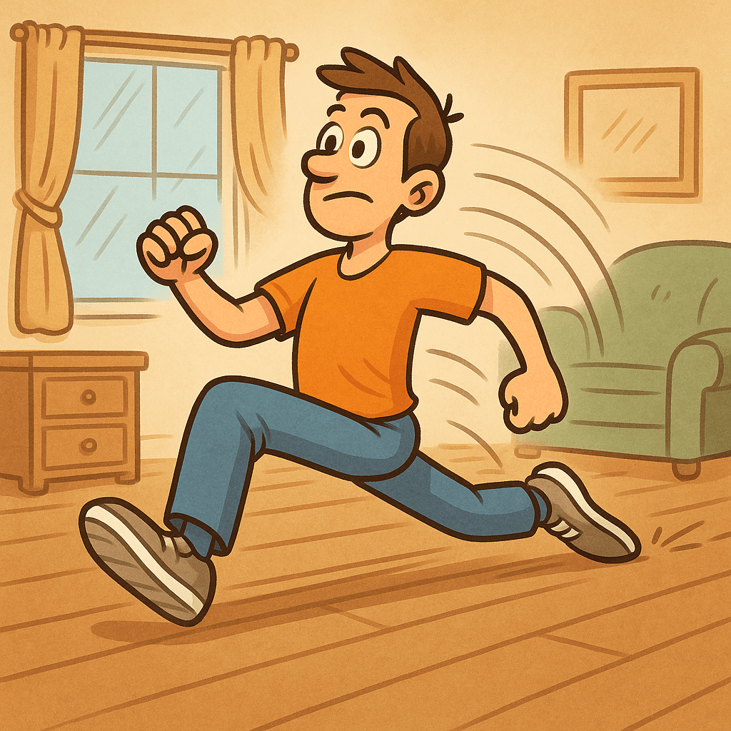 A person doing a lunge exercise with an encouraging expression