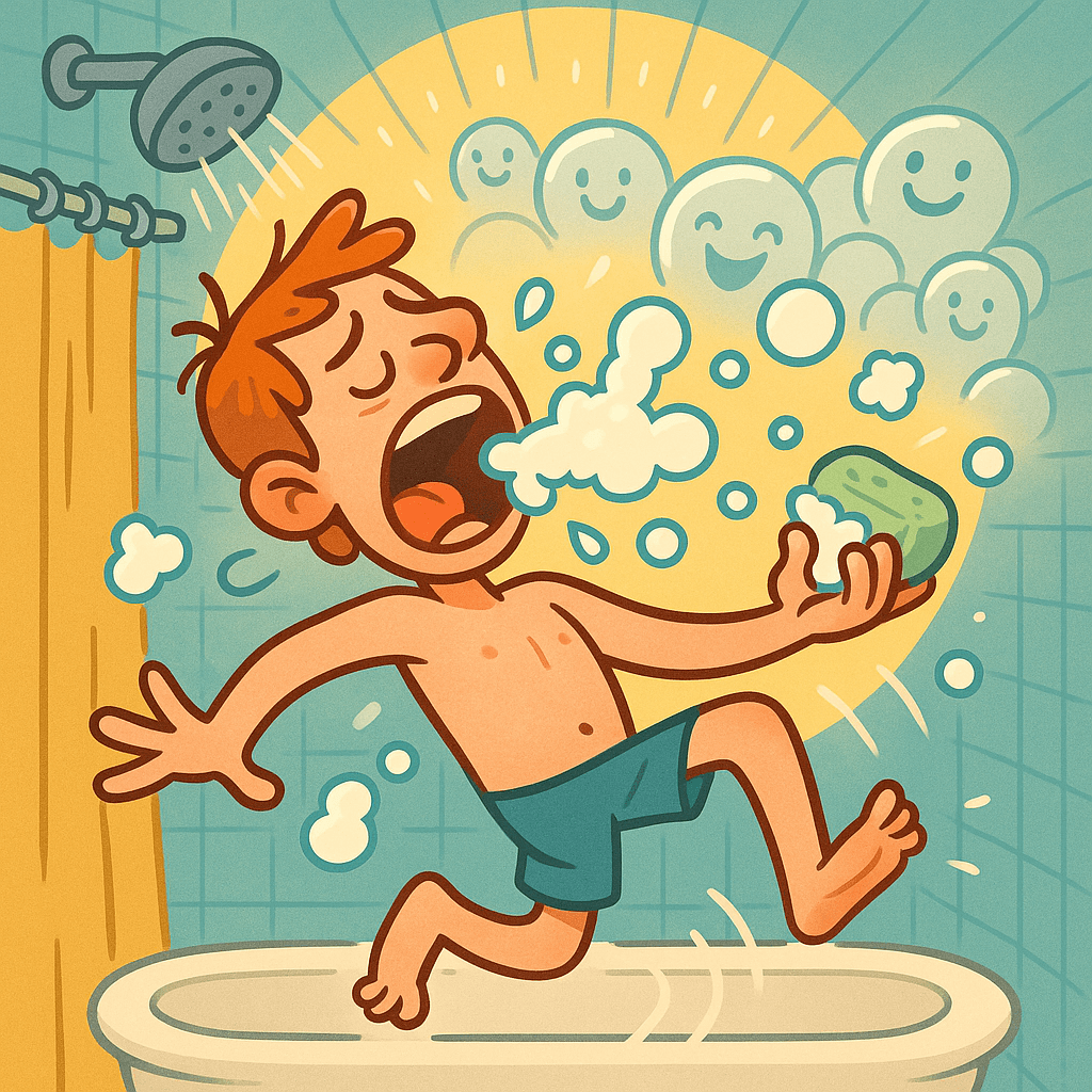 A person singing dramatically in the shower with soap bubbles
