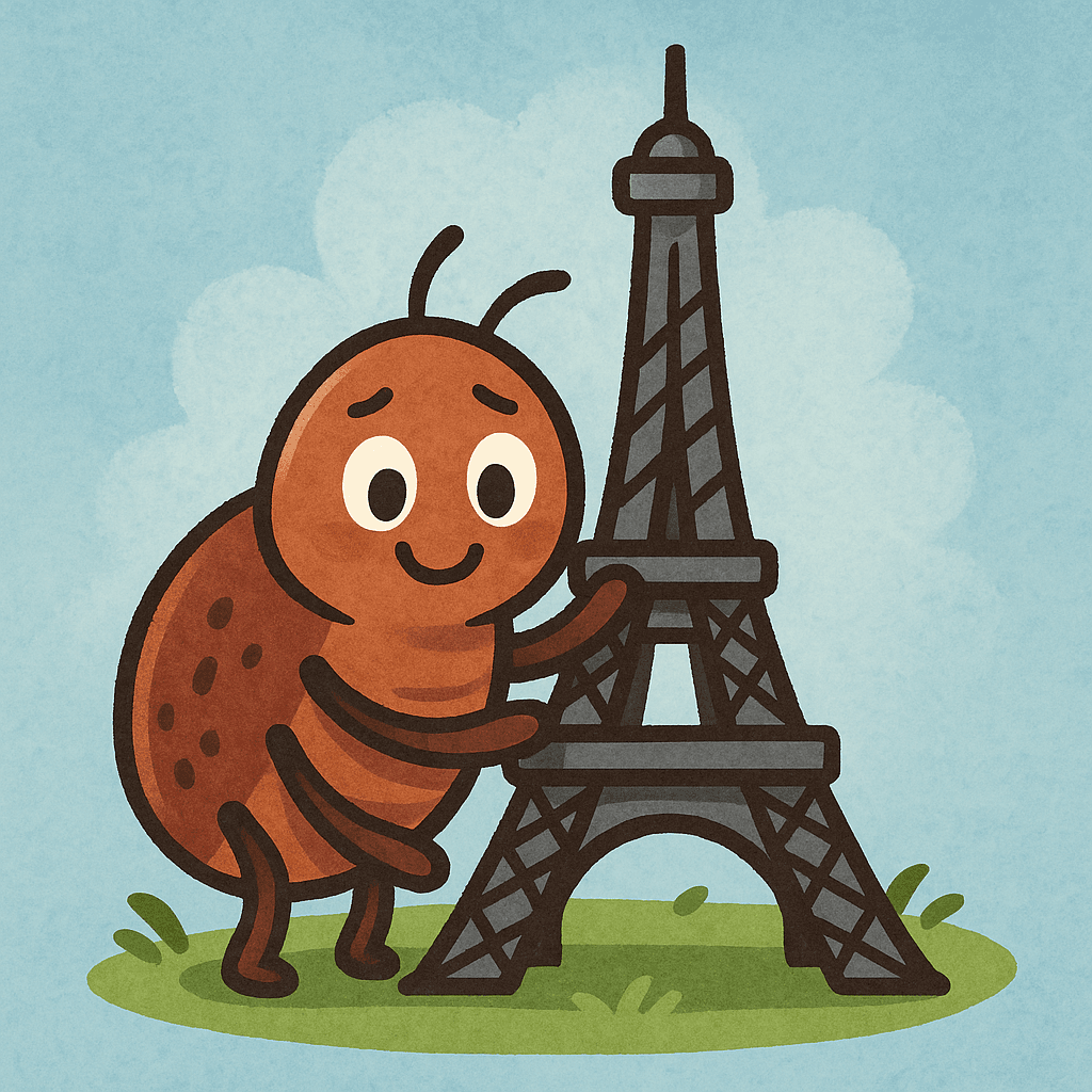 A tick standing next to the Eiffel Tower as tourist attractions