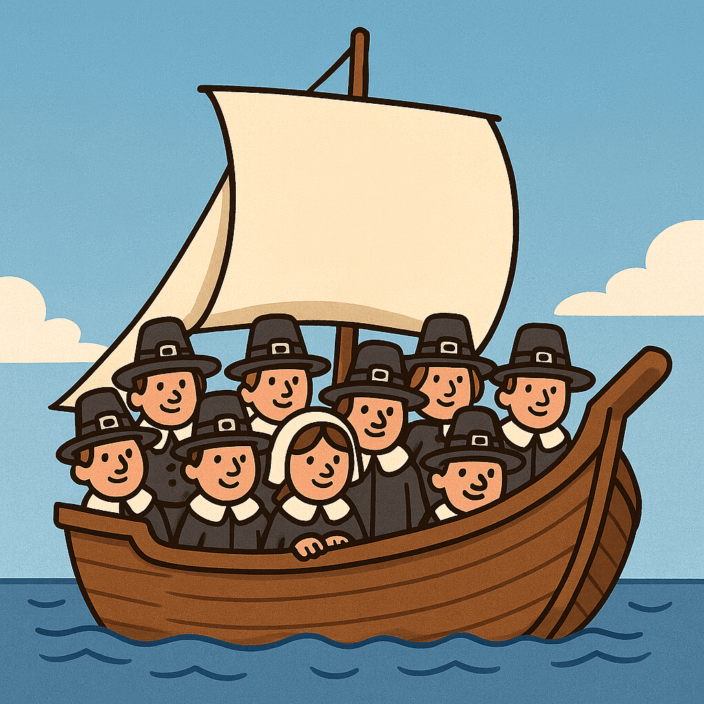 The Mayflower ship with flowers and Pilgrims aboard