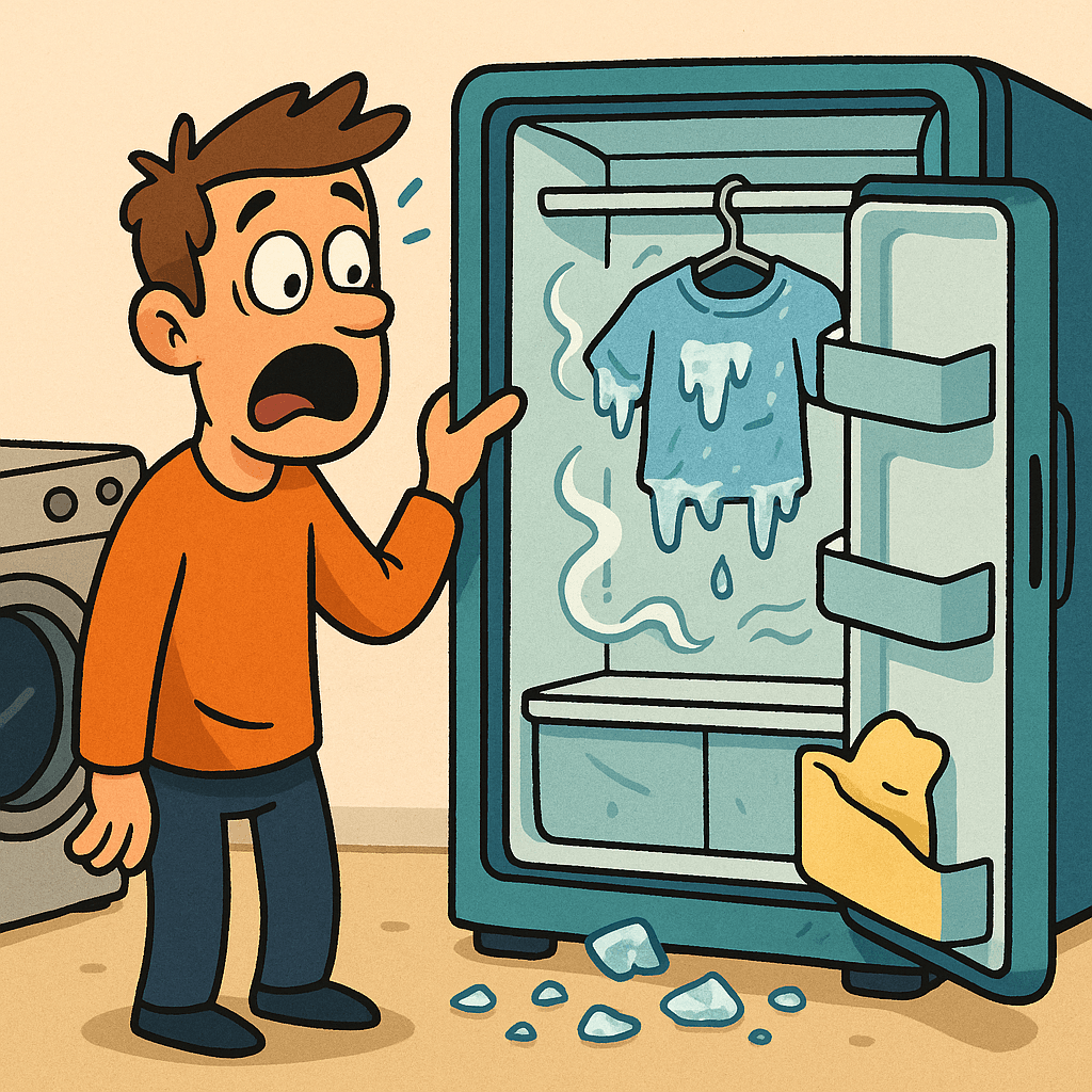 A refrigerator looking guilty next to tight-fitting clothes