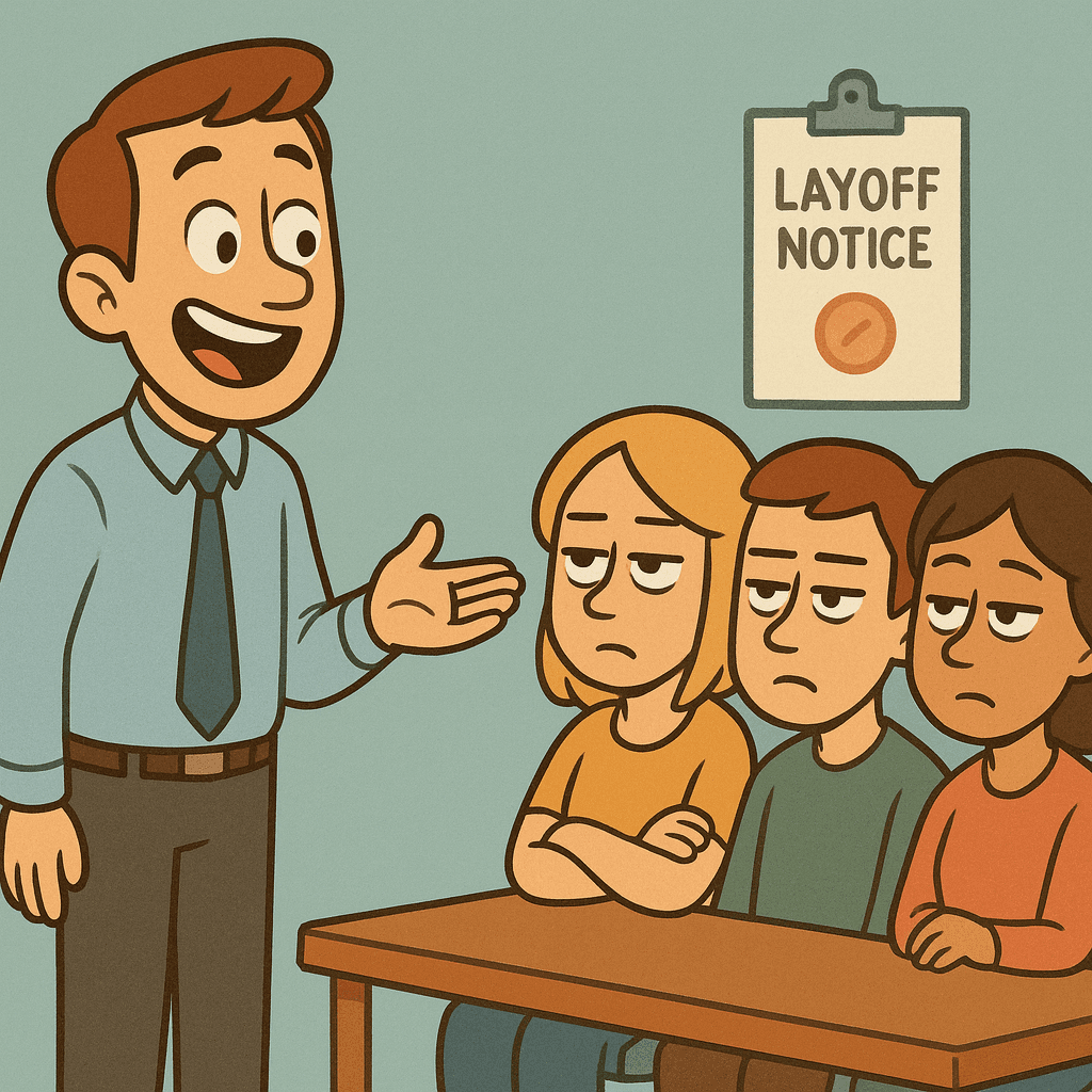 An empty office with cleared desks, illustrating the layoff joke