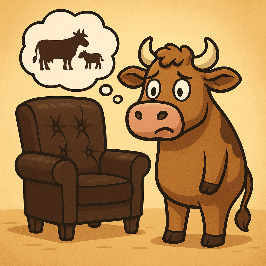 A cow looking at a leather chair with surprise, matching the dark humor