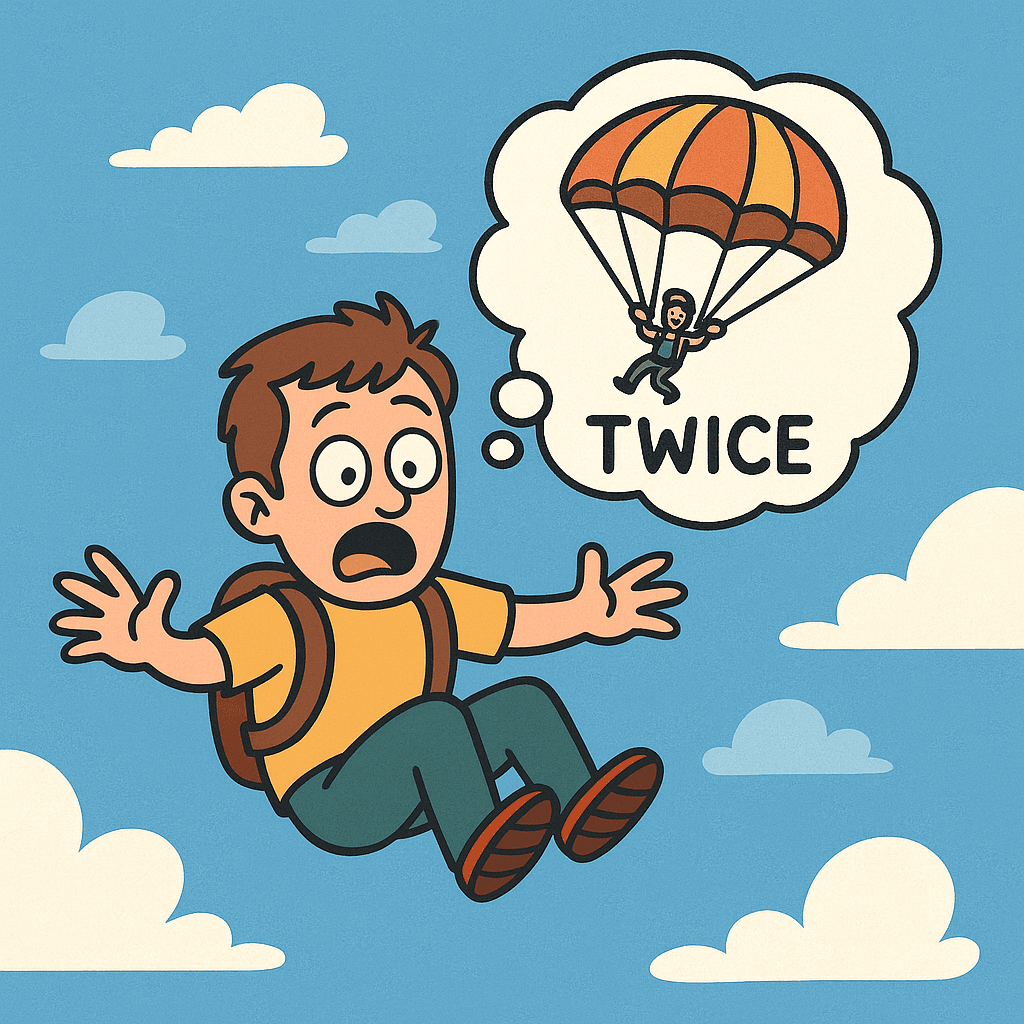 A skydiver in freefall, illustrating the dark humor