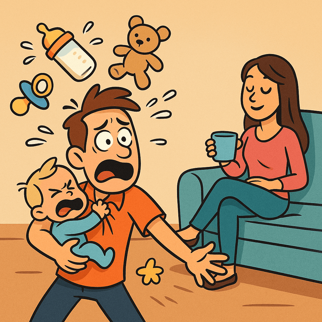 A tired mom and a relaxed dad, illustrating the joke