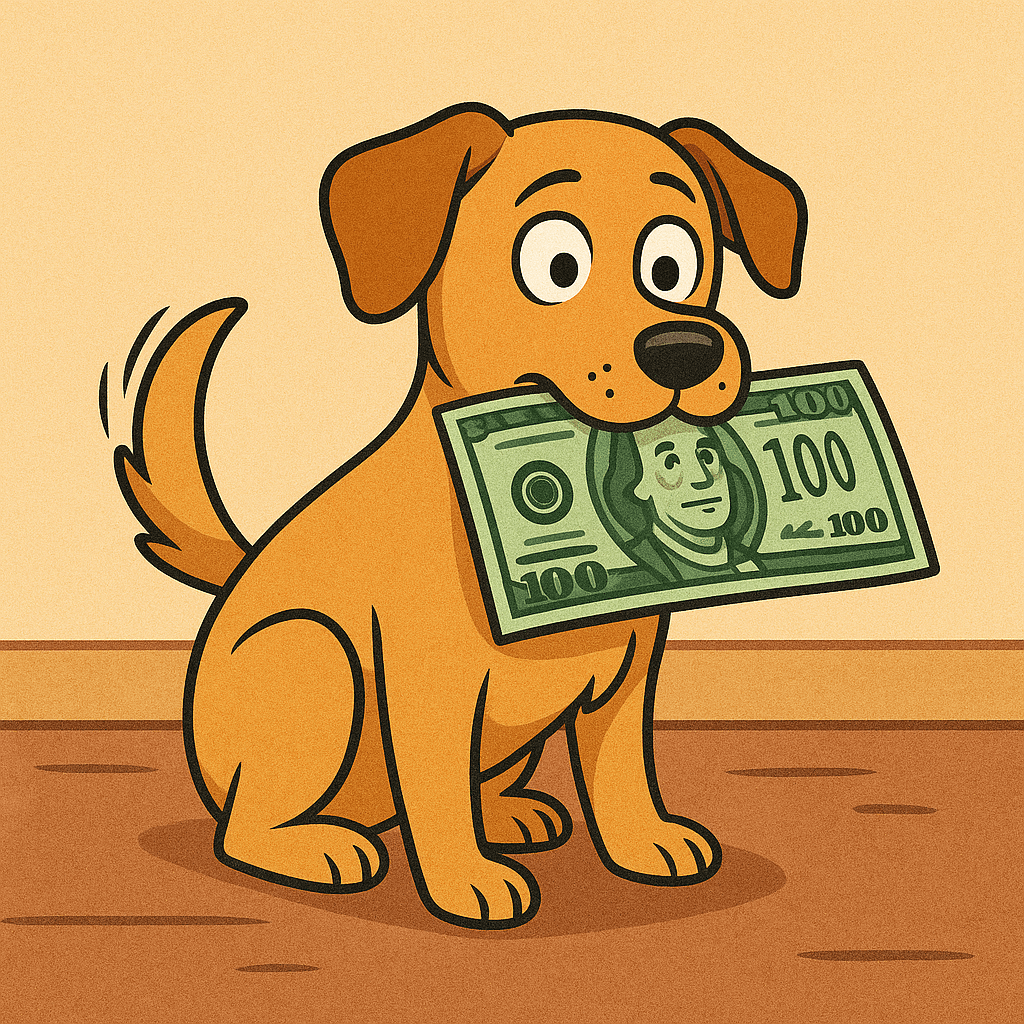 A dog with money in its mouth, matching the expensive taste pun